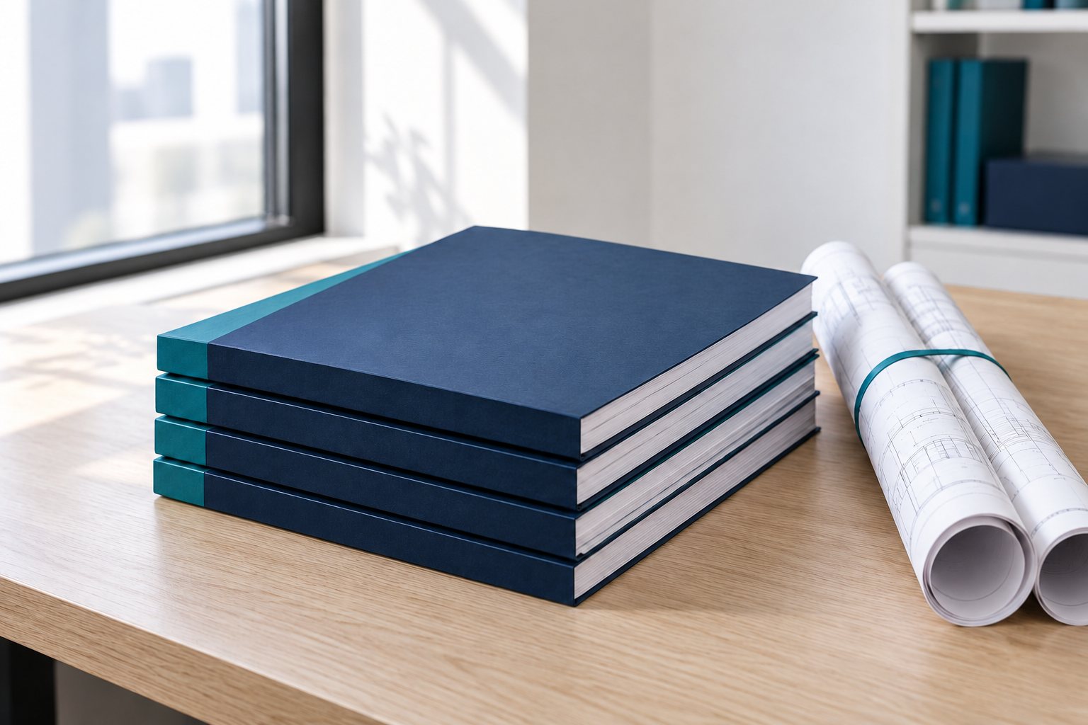 Bound navy documents with teal spines beside rolled drawings on an oak desk