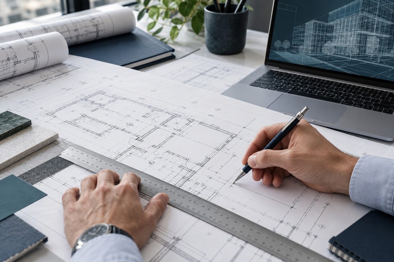 Hands drawing on a floor plan with a pencil and scale rule beside a laptop