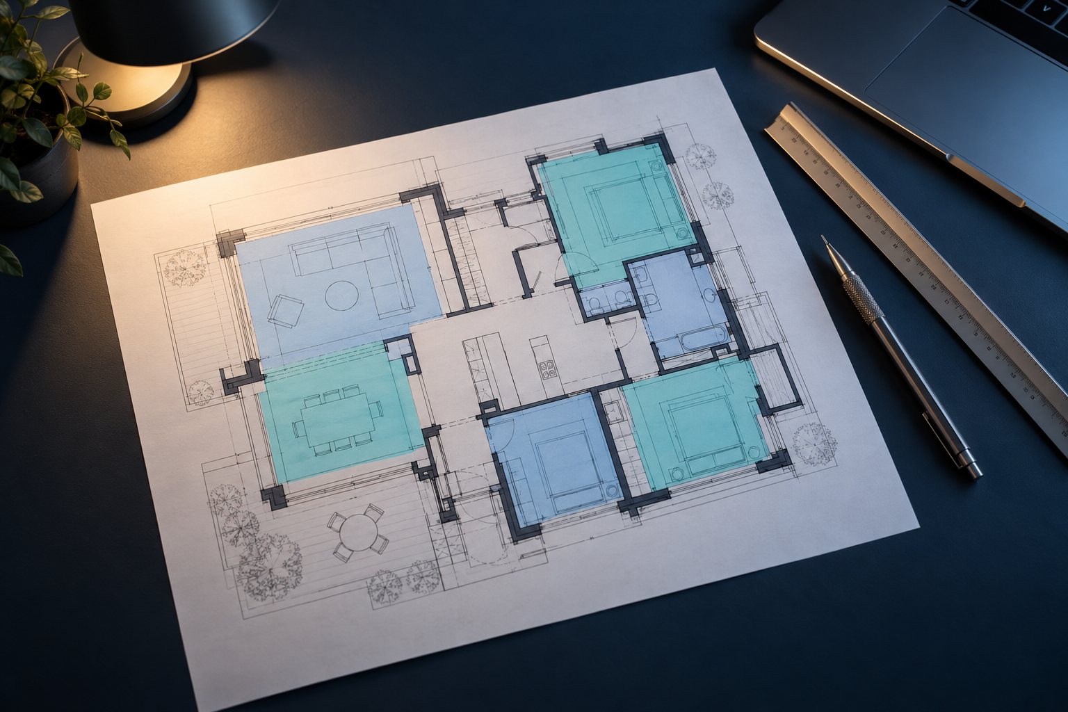 A floor plan with rooms highlighted in teal and blue beside a scale rule and pencil under a desk lamp